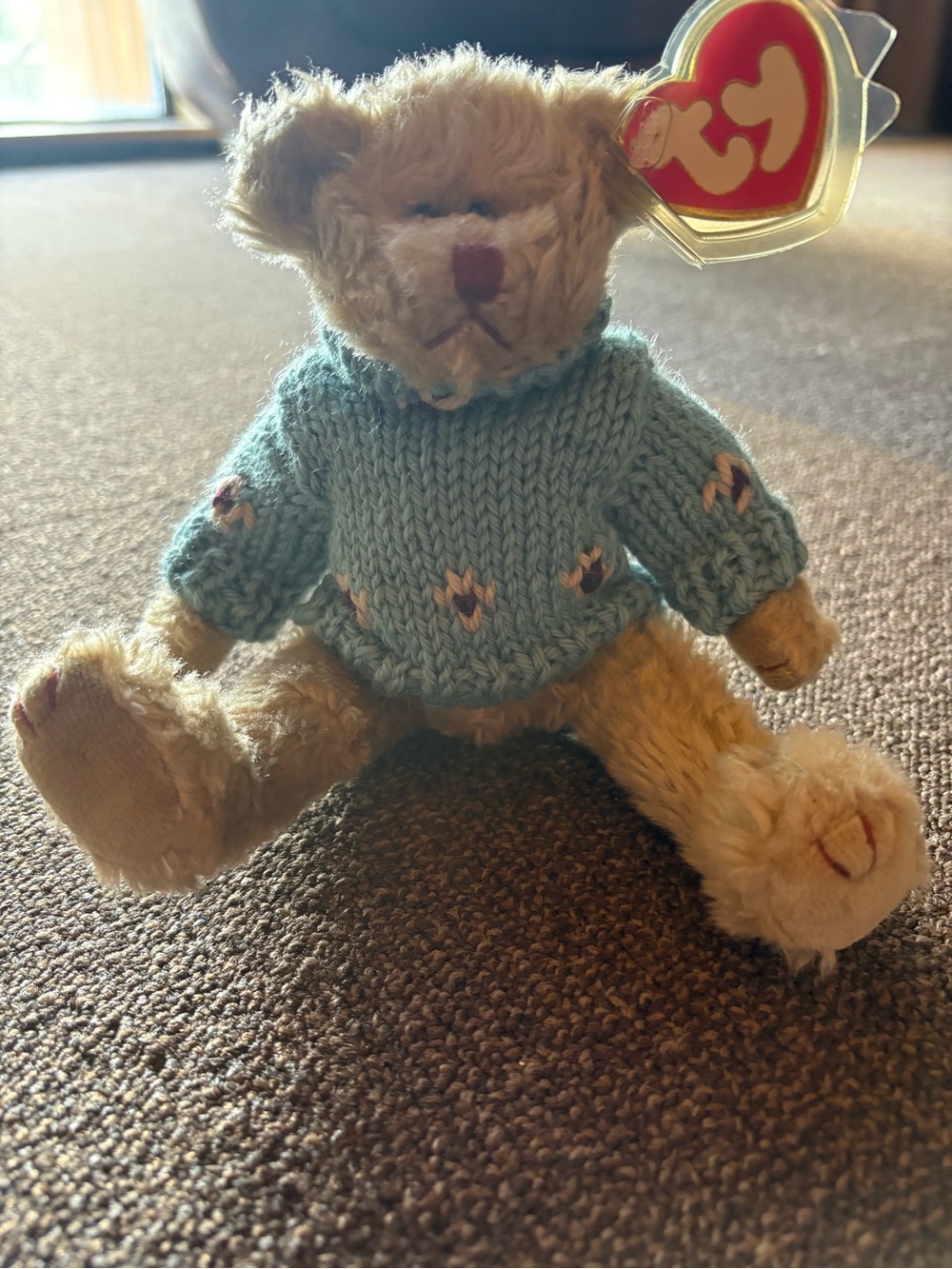 1993 TY Beanie Baby Skylar Tan Teddy Bear with Light Blue Knit Sweater